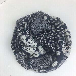 Blue White Ditzy Floral Scarf Semi Sheer Silky Patchwork Hair Wrap Sash 10x37”